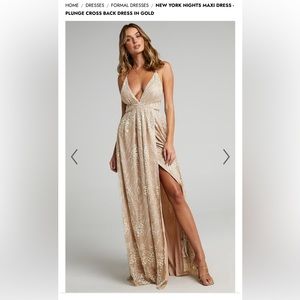 New York Nights Plunge Cross Back Maxi Dress- Gold